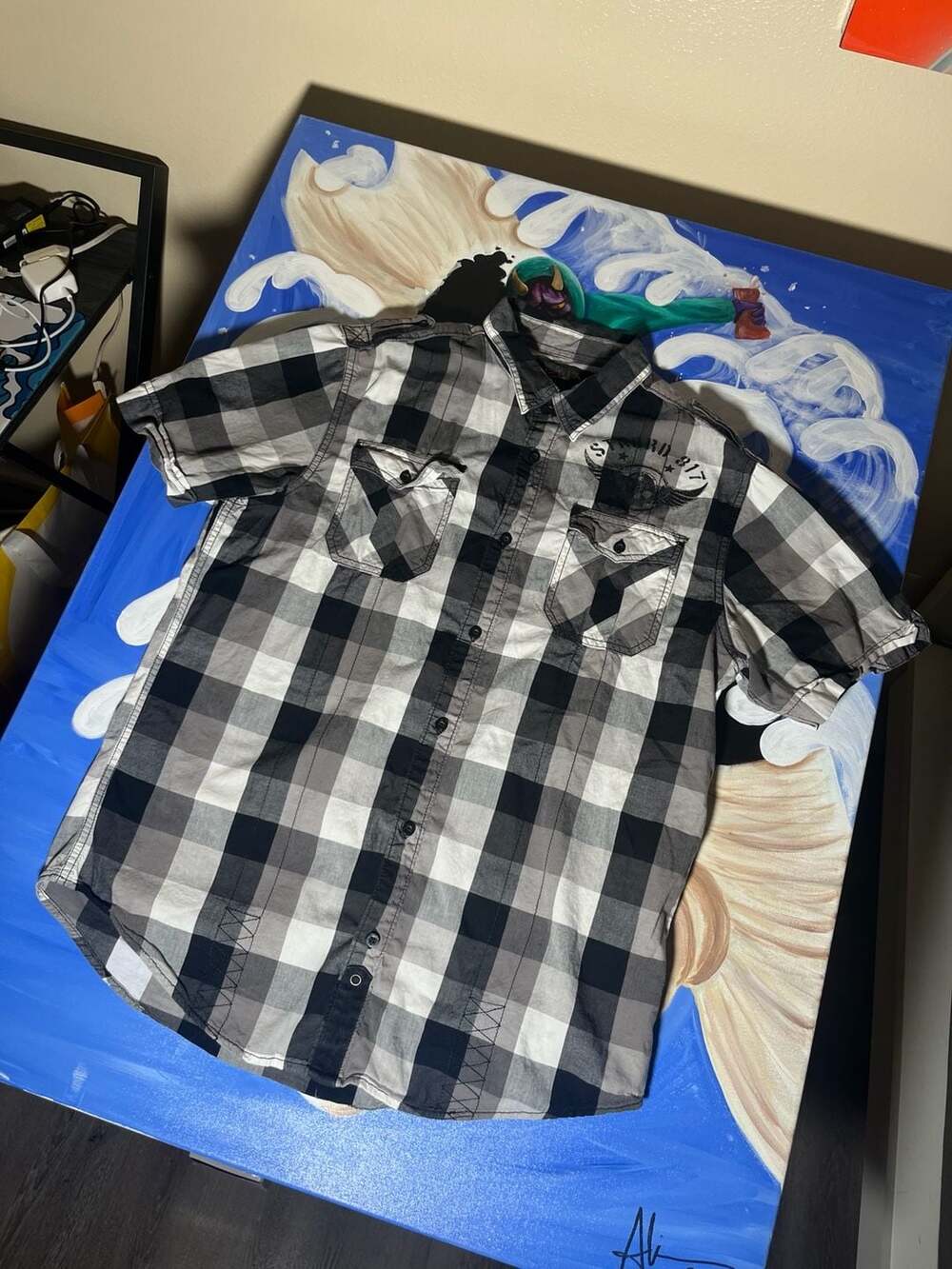 Helix Moto Club Black & Grey Buffalo Plaid Short Sleeve Graphic Button Up Shirt